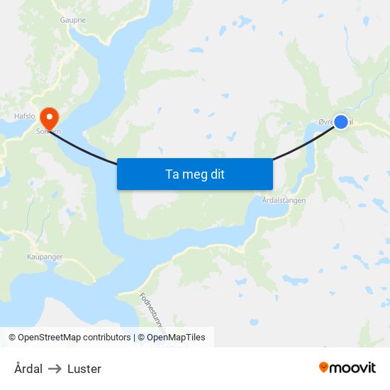 Årdal to Luster map