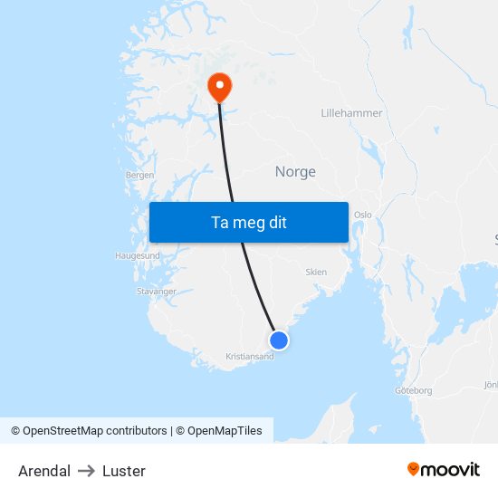 Arendal to Luster map