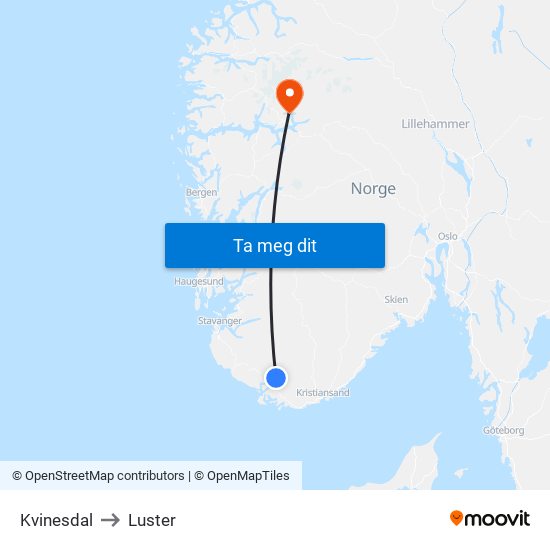 Kvinesdal to Luster map