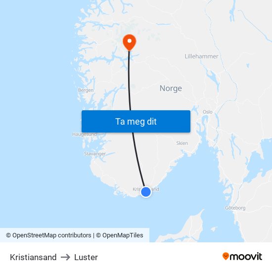 Kristiansand to Luster map