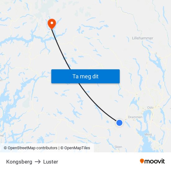 Kongsberg to Luster map