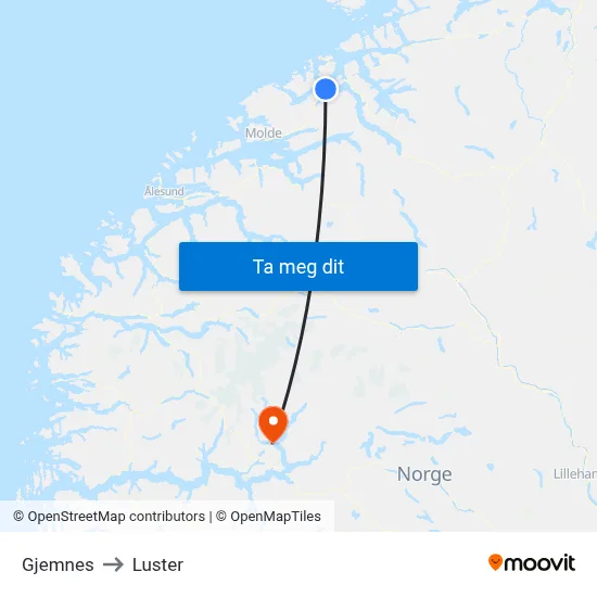 Gjemnes to Luster map