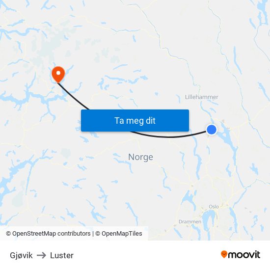Gjøvik to Luster map