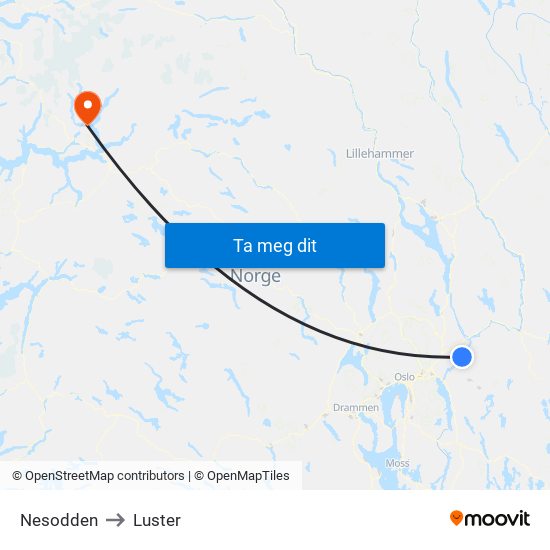 Nesodden to Luster map