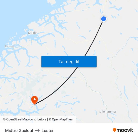 Midtre Gauldal to Luster map