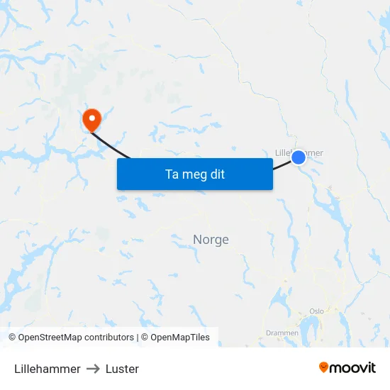 Lillehammer to Luster map