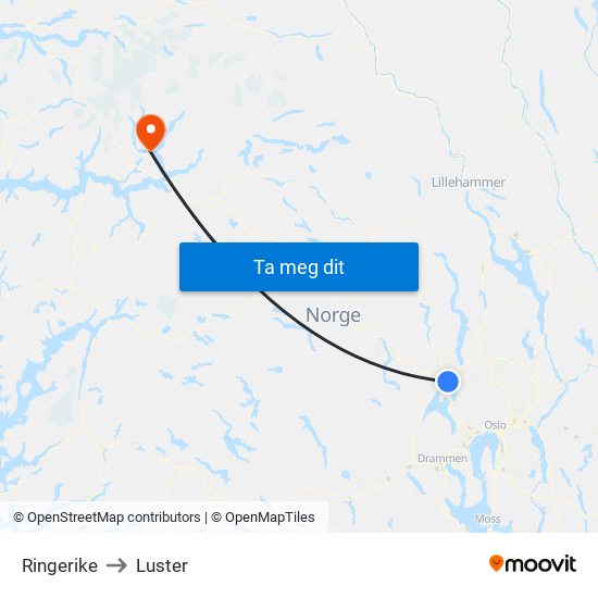 Ringerike to Luster map