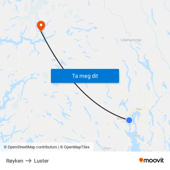 Røyken to Luster map