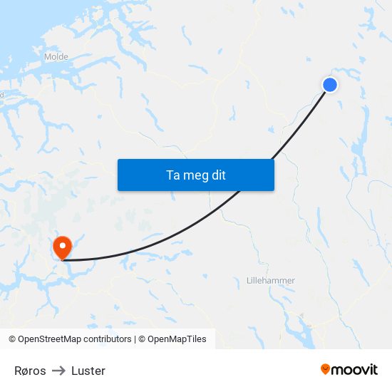 Røros to Luster map