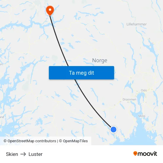 Skien to Luster map