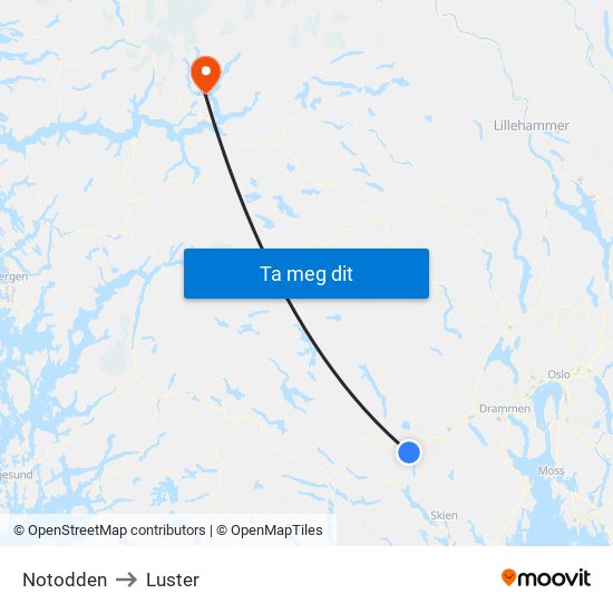 Notodden to Luster map