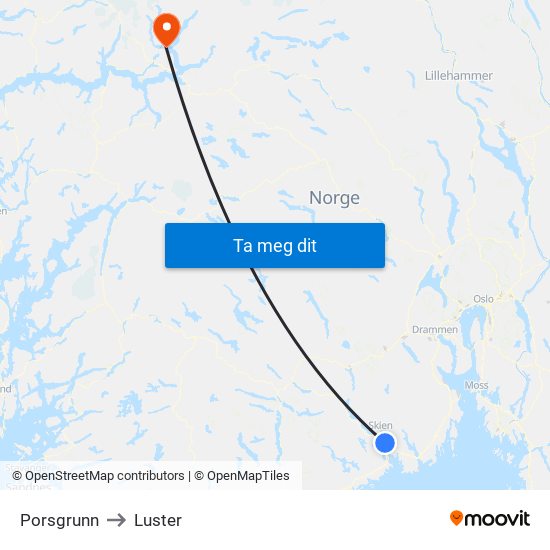 Porsgrunn to Luster map