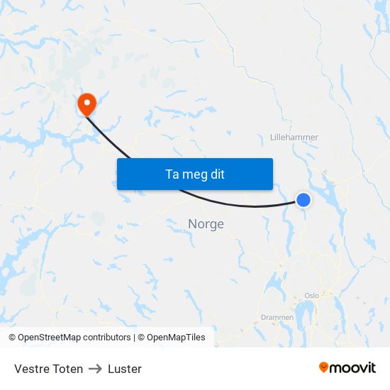 Vestre Toten to Luster map
