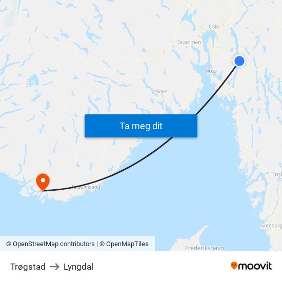 Trøgstad to Lyngdal map