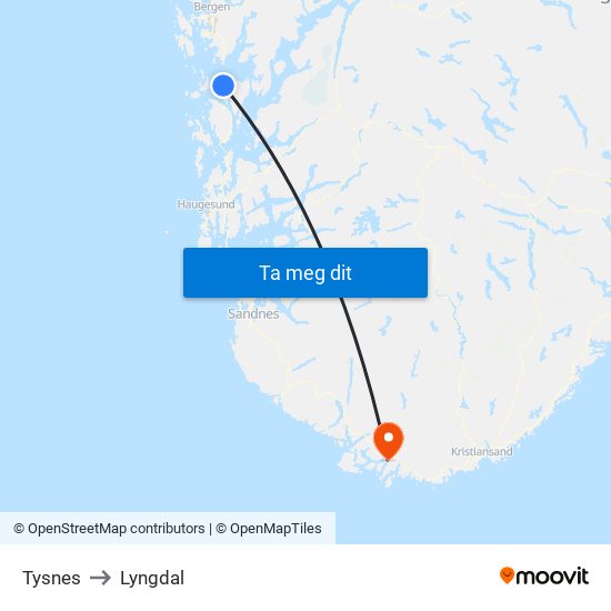 Tysnes to Lyngdal map