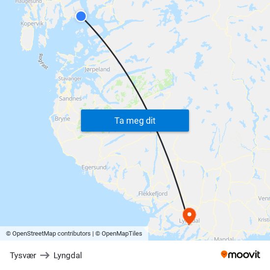 Tysvær to Lyngdal map