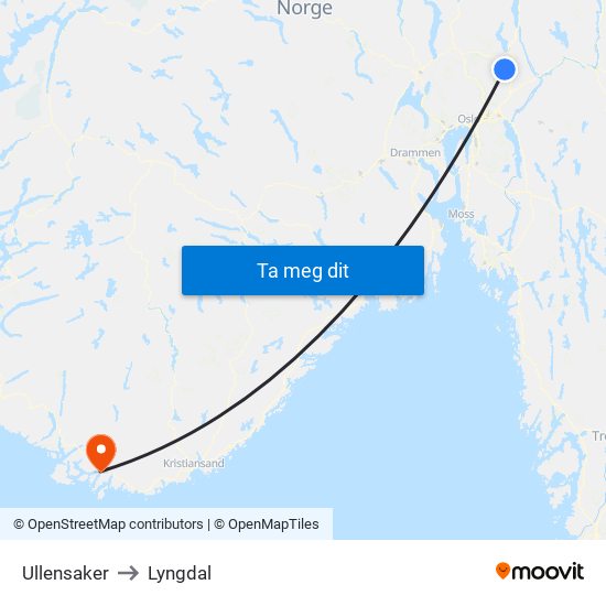 Ullensaker to Lyngdal map