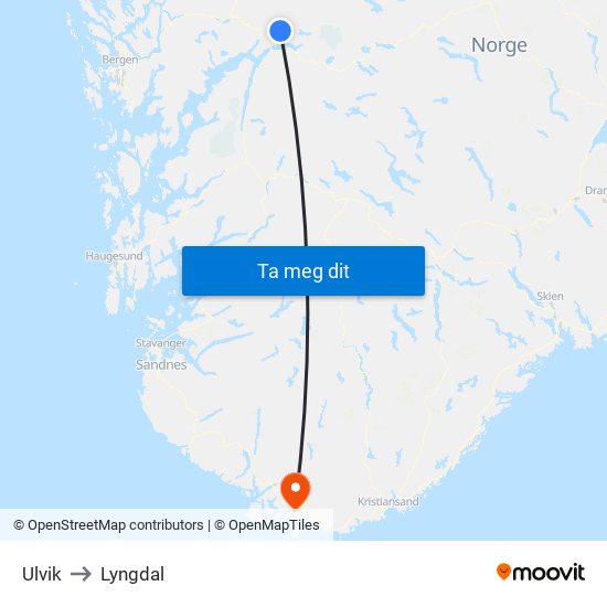 Ulvik to Lyngdal map