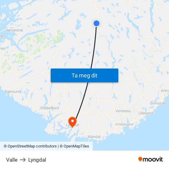 Valle to Lyngdal map