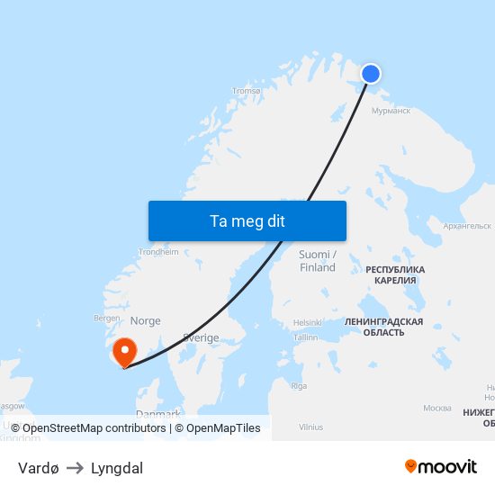 Vardø to Lyngdal map