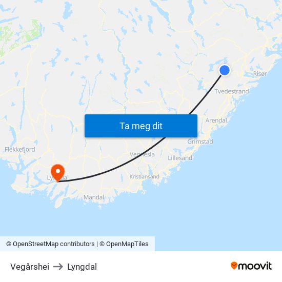 Vegårshei to Lyngdal map