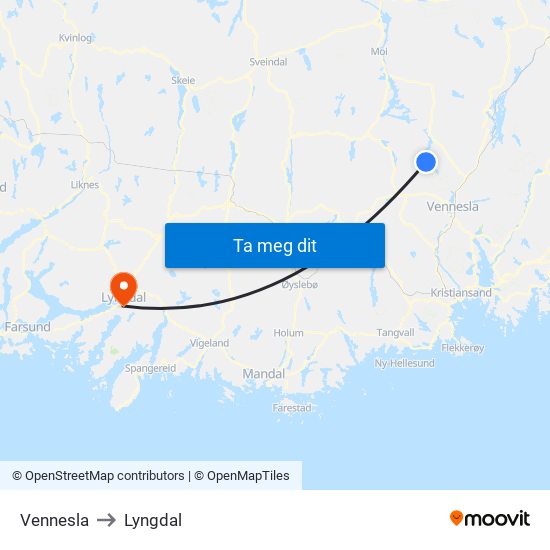 Vennesla to Lyngdal map