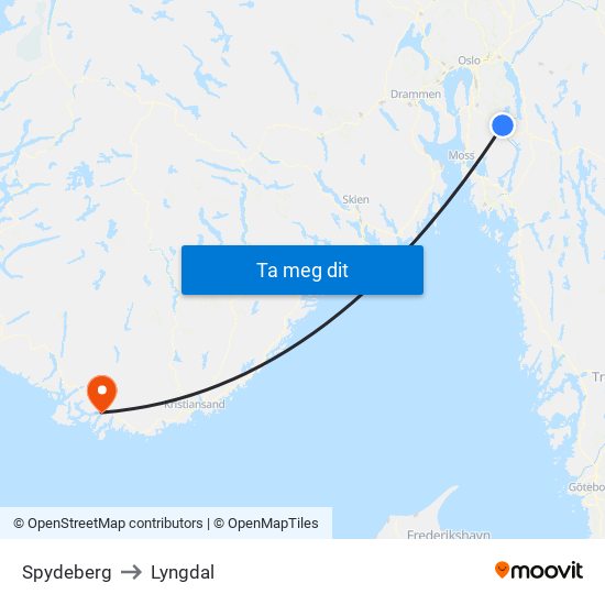 Spydeberg to Lyngdal map