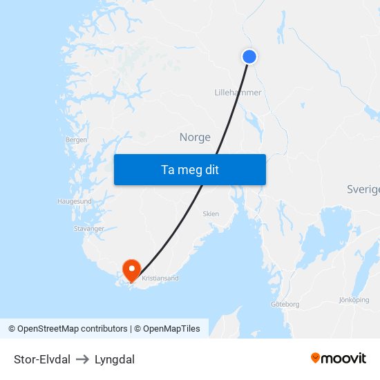 Stor-Elvdal to Lyngdal map