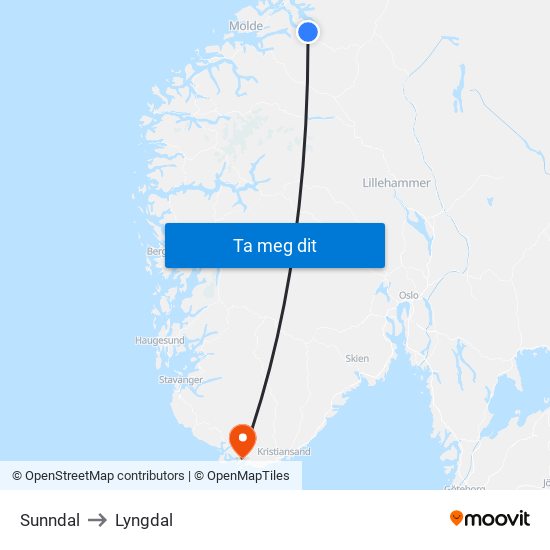 Sunndal to Lyngdal map
