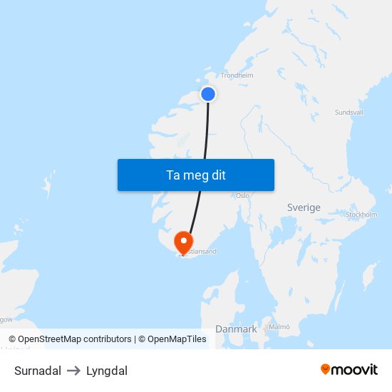 Surnadal to Lyngdal map