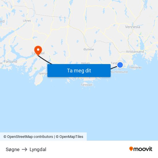 Søgne to Lyngdal map