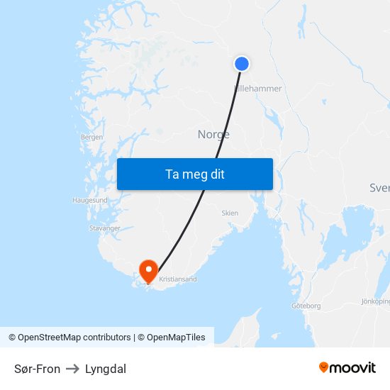 Sør-Fron to Lyngdal map