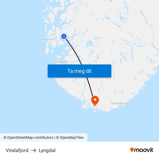 Vindafjord to Lyngdal map