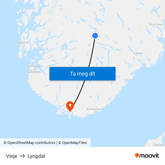 Vinje to Lyngdal map