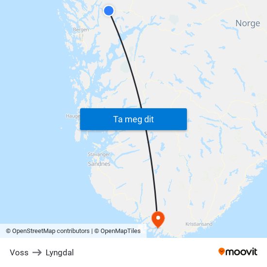 Voss to Lyngdal map