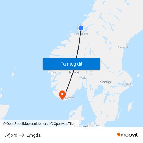 Åfjord to Lyngdal map