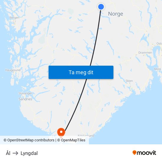 Ål to Lyngdal map