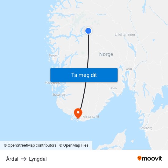 Årdal to Lyngdal map