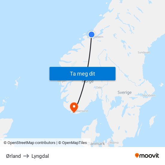 Ørland to Lyngdal map