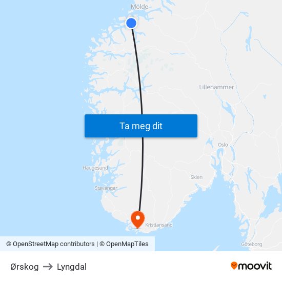 Ørskog to Lyngdal map