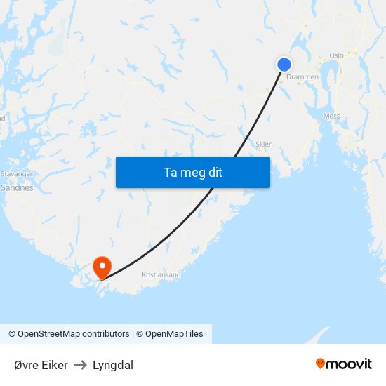 Øvre Eiker to Lyngdal map