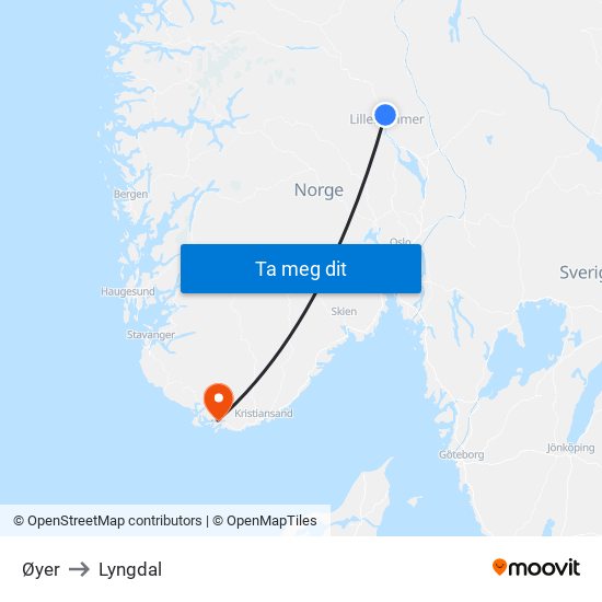 Øyer to Lyngdal map