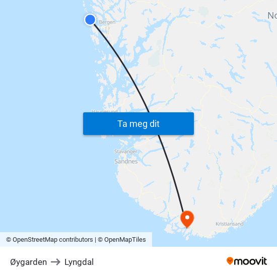 Øygarden to Lyngdal map