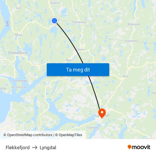 Flekkefjord to Lyngdal map