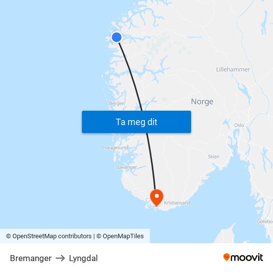 Bremanger to Lyngdal map