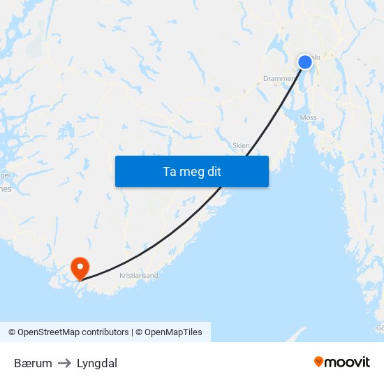 Bærum to Lyngdal map