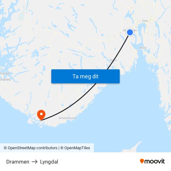 Drammen to Lyngdal map
