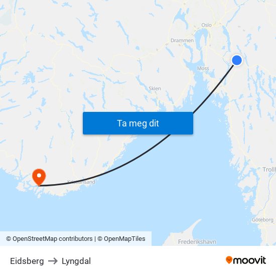 Eidsberg to Lyngdal map