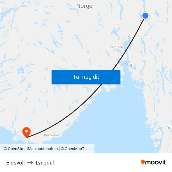 Eidsvoll to Lyngdal map