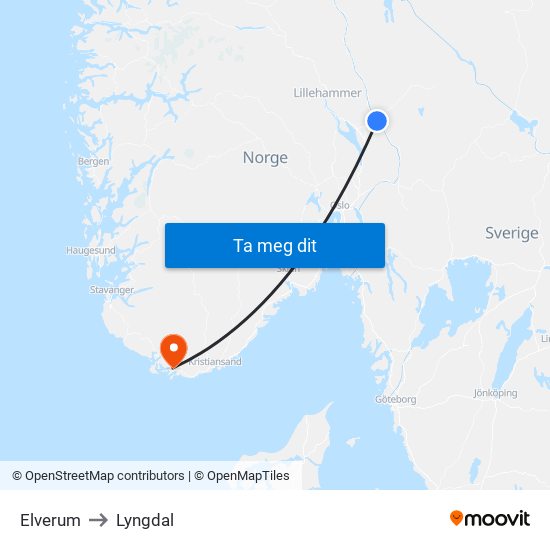 Elverum to Lyngdal map